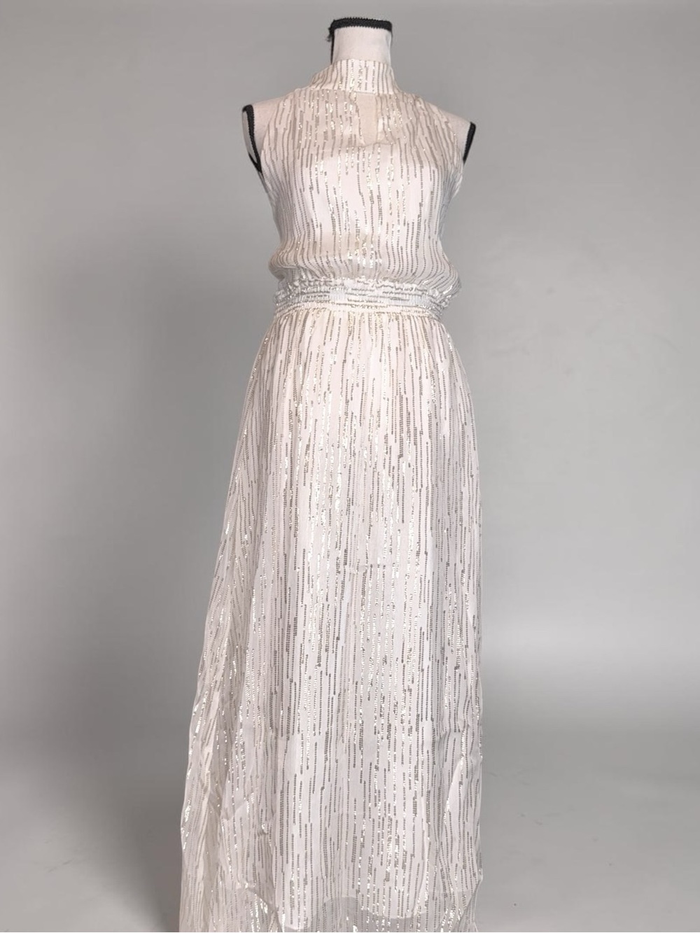 Drew Yuma White Gold Shimmer Maxi Dress M NWT Halter Metallic Evening Formal - Picture 3 of 8